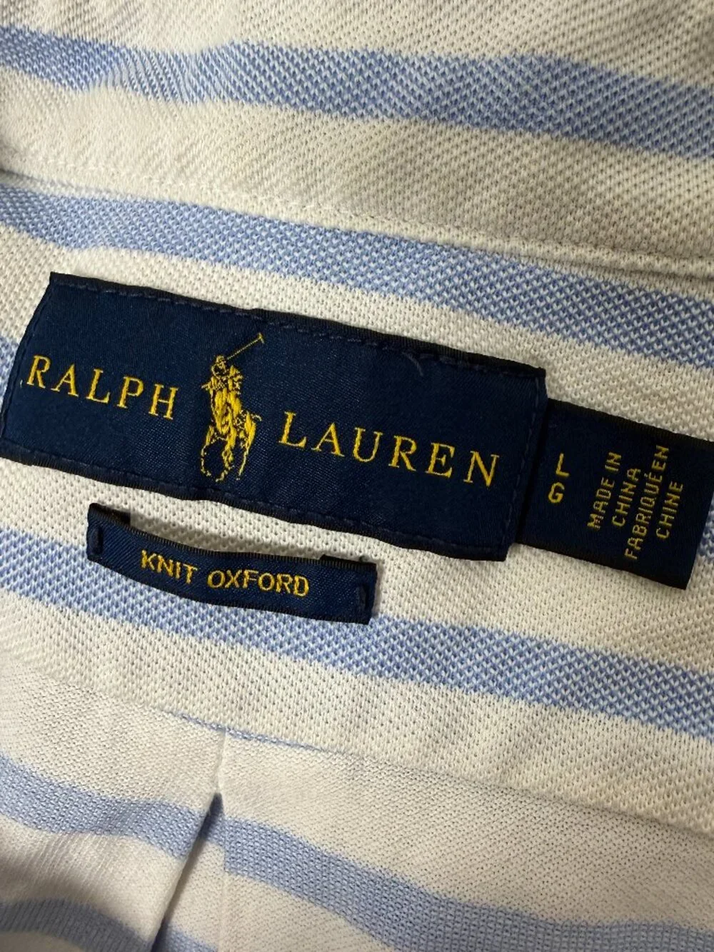Ralph Lauren Knit Oxford Short Sleeve Polo Blue &n White Stripe 100% Cotton Sz L